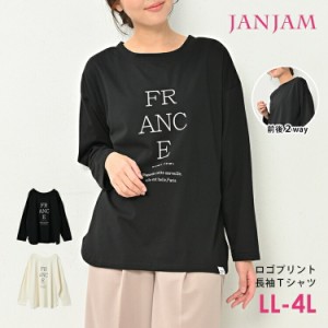 大きいサイズ レディース Tシャツ 長袖 ロゴプリント メール便対応 前後2way カットソー トップス LL/3L/4L ゆったりサイズ ぽっちゃり女