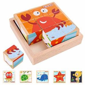 ブロック 積み木 パズル 9 キューブパズル 木製 海洋生物6面