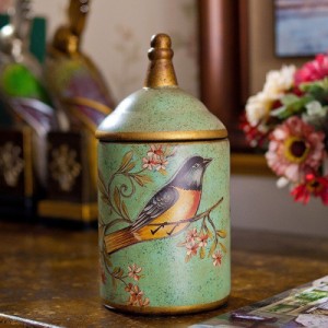 小物入れ ヨーロピアンアンティーク風 小鳥デザイン 陶器製 蓋付き グリーン