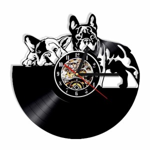掛け時計 オシャレ 輸入雑貨 レコード盤 犬 フレンチブルドッグ インテリア アート  黒 ブラック30cm 1V28