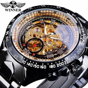 WINNER ゴールデンムーブメントスチールメンズスケルトン男腕時計 機械式トップブランド高級ファッション自動巻 GMT886-5