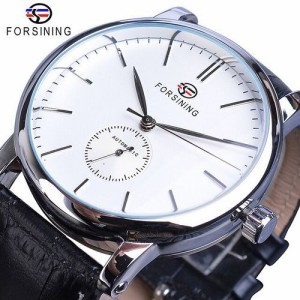 Forsining 男性機械式時計自動サブダイヤルブラック超薄型アナログ本革バンド腕時計 GMT1164-3