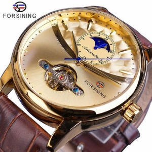 Forsining クラシックブルームーンフェイズ機械式時計自動トゥールビヨンメンズの本革の腕時計レロジオ GMT1150-5