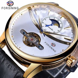 Forsining クラシックブルームーンフェイズ機械式時計自動トゥールビヨンメンズの本革の腕時計レロジオ GMT1150-1
