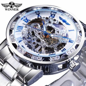 WINNER ゴールデン時計クラシックラインストーン メンズ腕時計 スケルトン 機械式ステンレス鋼バンド発光 S1089-3