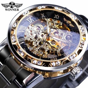 WINNER ゴールデン時計クラシックラインストーン メンズ腕時計 スケルトン 機械式ステンレス鋼バンド発光 S1089-9