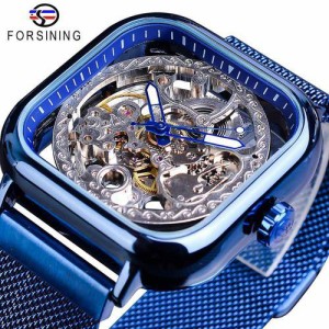 Forsining黄金の男性腕時計自動正方形スケルトンメッシュ鋼バンド機械式ビジネス時計レロジオ GMT1148-10