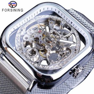 Forsining黄金の男性腕時計自動正方形スケルトンメッシュ鋼バンド機械式ビジネス時計レロジオ GMT1148-3