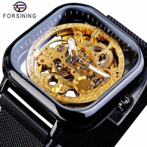Forsining黄金の男性腕時計自動正方形スケルトンメッシュ鋼バンド機械式ビジネス時計レロジオ GMT1148-2