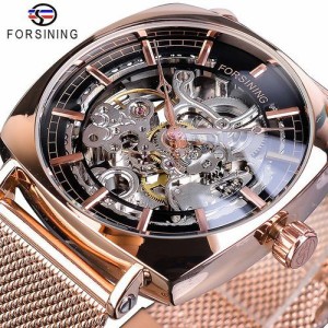 Forsiningファッション機械式時計自動メンズ腕時計ローズゴールドメッシュ時計防水トップブランド高級 W1076-8