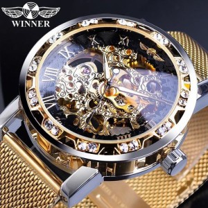 WINNER ゴールデンウォッチ男性スケルトン機械式時計クリスタル メッシュスリム ステンレススチールバンド腕時計 W1089-2
