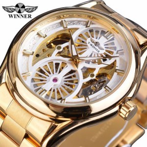 Winner 腕時計ゴールデンニューメン自動中空透明機械式男性スチールバンド時計 Golden-White