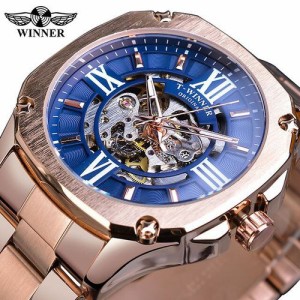 Winner ブルーメンズスクエアメカニカルウォッチローズゴールドケース自動ステンレススチールストラップ GMT1159-10