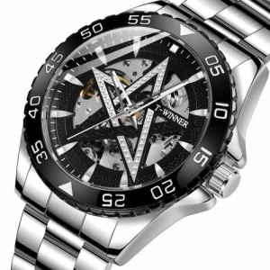WINNER スターダイヤモンドディスプレイメンズブラックステンレススチールメカニカルオートマチックスポーツ腕時計 GMT1184-6