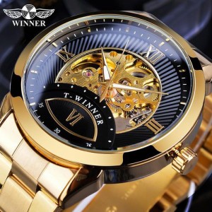 WINNER 自動巻きメンズウォッチゴールデンブラックトランスペアレントスケルトンメカニカルビジネスステンレススチール腕時計