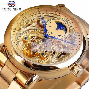 Forsining自動機械式ビジネスウォッチメンズ時計ゴールデンムーンフェイズスチールストラップ腕時計 S1125-8
