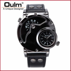 腕時計 メンズ  海外ブランド レザーバンド クオーツ スチームパンク  デュアルタイムゾーン Oulm