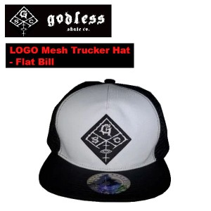 【godless】ゴッドレス SKATEBOARD LOGO Mesh Trucker Hat - Flat Bill メッシュキャップ 帽子 スナップバック スケボー ストリート  54T
