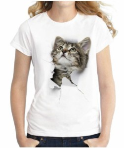 送料無料 猫柄T-シャツ ネコプリントT ユニークTシャツ CAT 女性用半袖 レディースファッション　6種類デザイン　　