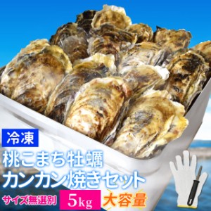 牡蠣 カンカン焼き セット サイズ無選別 ５ｋｇ（６０個前後入） 冷凍牡蠣 送料無料 桃こまち 鳥羽産 中缶入（牡蠣ナイフ・片手用軍手付