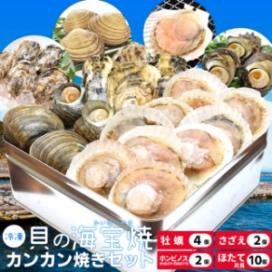 貝の海宝焼 牡蠣４個 さざえ２個 ホンビノス貝２個 ほたて片貝１０個 送料無料 冷凍貝セット（牡蠣ナイフ、片手用軍手付）カンカン焼き 