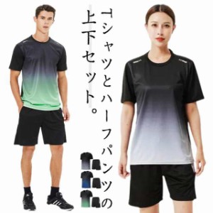 送料無料  レディース スポーツウェア ハーフパンツ ランニングウェア 上下セット 夏 吸汗速乾 半袖Tシャツ 2点セット tシャツ 半袖 短パ