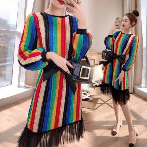 ワンピース 送料無料 レインボーニットフリルリボンチュール長袖付きaラインミモレワンピース ブラック 黒 大人 上品 きれいめ の通販はau Wowma ワウマ Glitter Dress 商品ロットナンバー