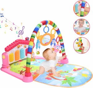 ベビージム プレイマット 赤ちゃん ベビーマット 幼児 おもちゃ トイピアノ 感覚刺激 室内 出産祝いプレゼント (ピンク)