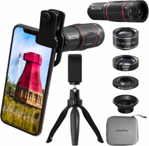 SmallYin スマホ用カメラレンズ 28倍望遠レンズ 198°魚眼 0.6×広角 20倍マクロレンズ 三脚+4in1レンズセット iPhone Androidなどに適用