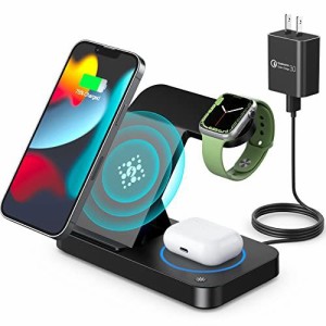  15W急速充電ワイヤレス充電器 3in1 インテリジェントワイヤレス充電ステーション Qi認証 (黒い)Apple Watch 充電スタンド 18Wアダプター