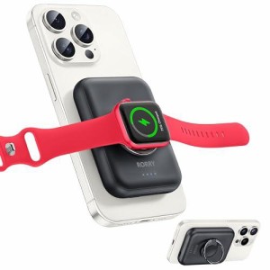 RORRY 【業界進化！magsafe対応モバイルバッテリー・スマホリング＆スタンド機能付】For Apple Watch充電器 ワイヤレス充電 5000mAh iPho