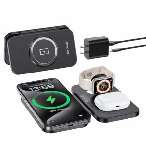 3in1 mag-safe充電器 ワイヤレス充電器 折り畳め applewatch充電器 iPhone/アップルウォッチ/ワイヤレスイヤホン同時充電 iPhone 15 14 1