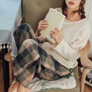 パジャマ レディース 40代 秋冬 長袖パジャマ チェック柄 ニット パジャマ 可愛い ルームウェア 上下セット ワイトパンツ 女性 ルームウ