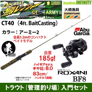 【トラウト(管理釣り場)入門セット】大橋漁具　TURING MONKEY グレート鱒レンジャー CT40 ARMY アーミー 2＋アブガルシア　ロキサーニ BF