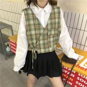 ジレ レディース ベスト ショート 不規則 アシンメトリー コーディネート テーラード チェック柄 ジャケット 春服 夏 黒 ストリート 韓国