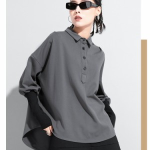 トップス レディース シャツ 長袖 モード系 POLO襟 個性的 袖リブ 春秋  韓国ファッション