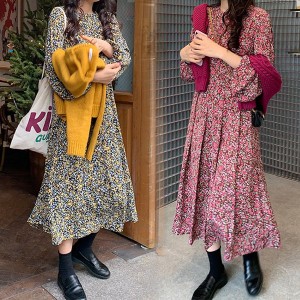 ワンピース レディース フレアワンピース シフォンワンピース きれいめ マキシワンピース 長袖 大人 花柄ワンピース 春 夏服 フレアスカ