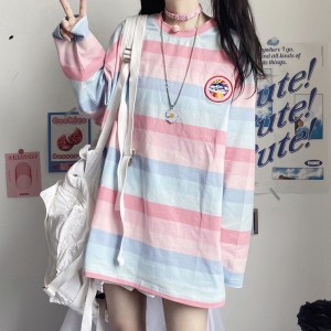 ロングTシャツ レディース ロンT カットソー トップス  長袖 シャツ キャンディ ストライプ ポップ かわいい 学生 キュート 春夏服 韓国