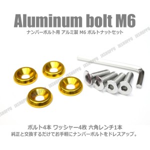 M6 25mm ナンバーボルトセット [ゴールド] アルミ製 ワッシャーx4 ボルトx4 六角レンチ付 軽自動車 普通車 車 汎用 イメチェン 送料無料