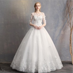 激安 花嫁ウエディングドレス 袖あり二次会 結婚式 発表会ステージドレス フォーマルドレス パーティードレス 白 ホワイト 撮影 大きい