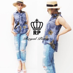 【30%OFF SALE】ROYAL PUSSY / ロイヤルプッシー「GINGHAM FLOWER N/S SHIRT」ギンガムチェック シャツ ノースリーブ 花柄 黒 青 ブラッ