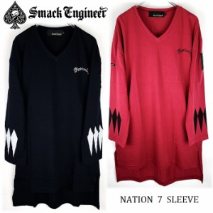 【30%OFF SALE】SMACK ENGINEER / スマックエンジニア「NATION 7 SLEEVE」ビッグVネックTシャツ オーバーサイズ BIGロンT ロング丈 7分袖