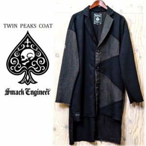 【20%OFF SALE】SMACK ENGINEER / スマックエンジニア「TWIN PEAKS COAT」セミロングコートジャケット バイカラー ヘリンボーン 黒 ブラ