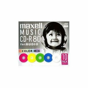 音楽用CDR、録音時間80分、ひろびろカラープリントレーベル、10枚パック、1枚ずつプラケース マクセル CDRA80MIXS1P10S 