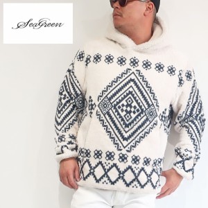 seagreen シーグリーン パーカー ブランド NATIVE PATTERN FLEECE PULLOVER 大きめサイズ ビックサイズ ネイティブ柄 フリース MSEA22A41