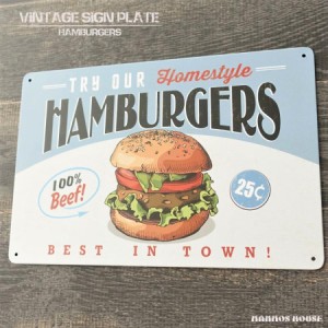 ブリキ看板 ハンバーガー アメリカン ビンテージ HAMBURGERS かわいい おしゃれ サインプレート 壁掛け インテリア アート パネル