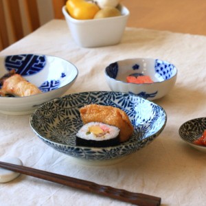 藍染タコ唐草 5.5寸浅鉢 日本製 美濃焼 古来からある伝統の柄 煮物鉢 中鉢 刺し身皿 和食 和食器