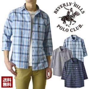 BEVERLY HILLS POLO CLUB BHポロクラブ 麻混シャツ 7分袖 7分丈 チェック ストライプ ボーダー 正規品【A9J】【パケ1】