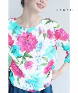 鮮やかな花咲く水彩画ブラウストップス S~M  cawaii w53495  リネン 花柄 シャツブラウス 五分袖 春夏 初夏 涼やか 半端袖 丸首 クルーネ