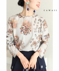 シャツ ブラウス カットソー 長袖 春 夏 秋 花柄 色鉛筆画風 S~M w54756 cawaii 花柄 ブラウス 通勤 きれいめ ゆったり 体型カバー パフ